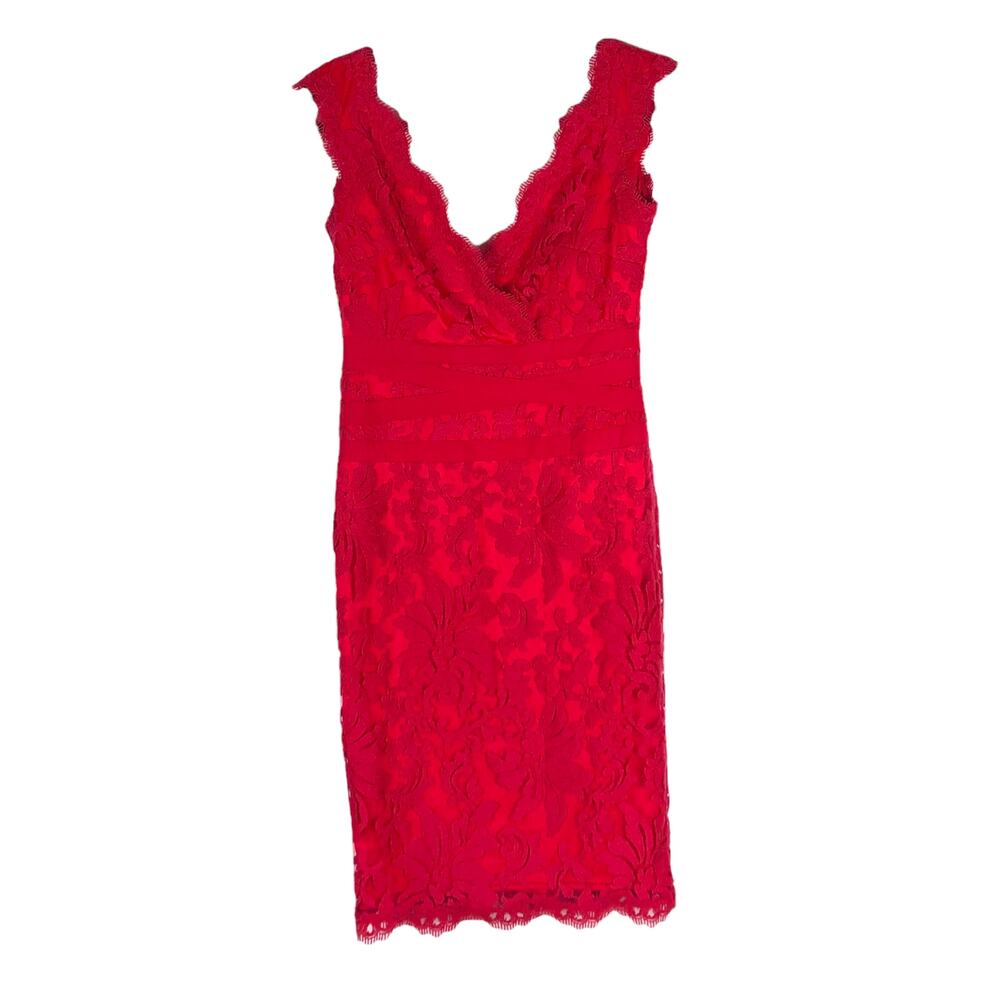 TADASHI SHOJI Vibrant Pink V-Neck Embroidered Lace Cocktail Midi Dress Size 0